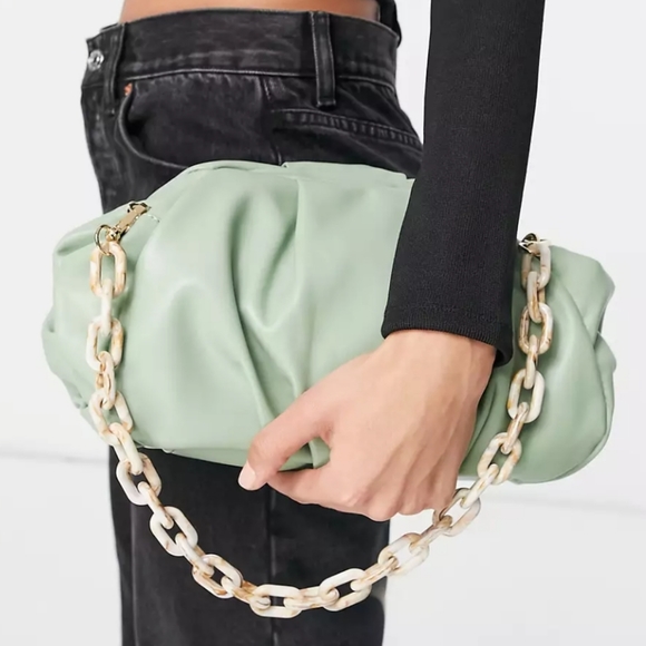 ASOS Handbags - ASOS DESIGN oversized ruched clutch bag in sage green with detachable shoulder